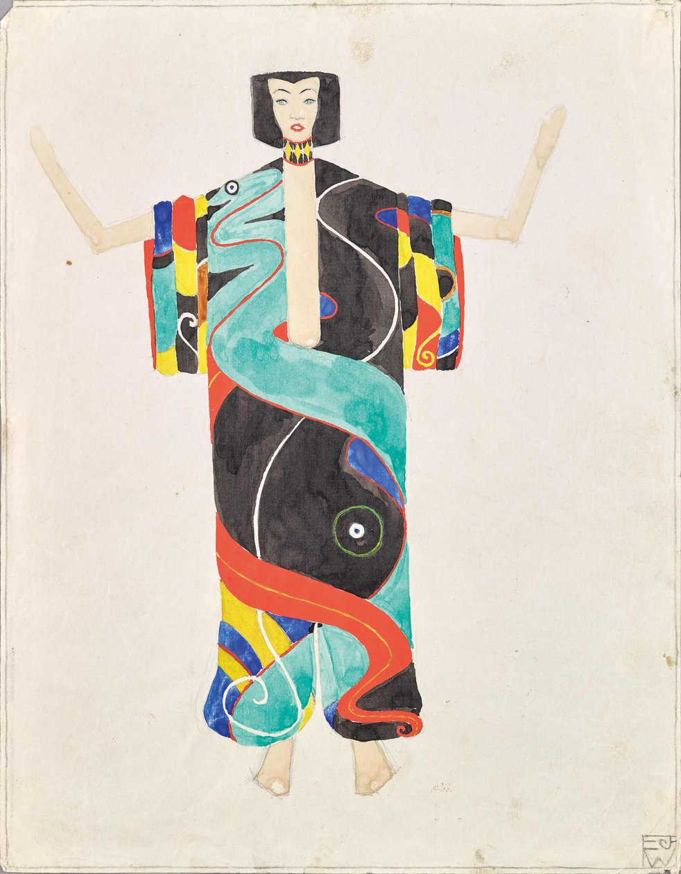 Estudo de figurino em quimono de calças para a representação da peça "Der Mantel der Liebe" de Julius Bittner no teatro do jardim da Exposição Internacional de Arte, Viena 1909 de Unknown artist