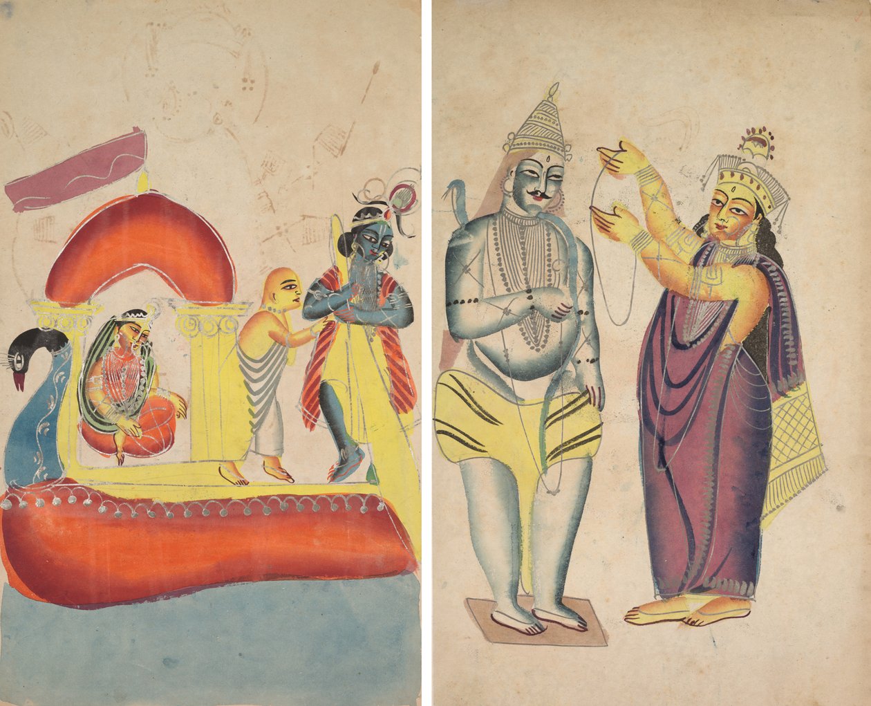 Krishna Ferrying Radha Atravessando o Rio Yamuna (reto); Parivati colocando uma guirlanda de casamento em Shiva (verso) de Unknown artist
