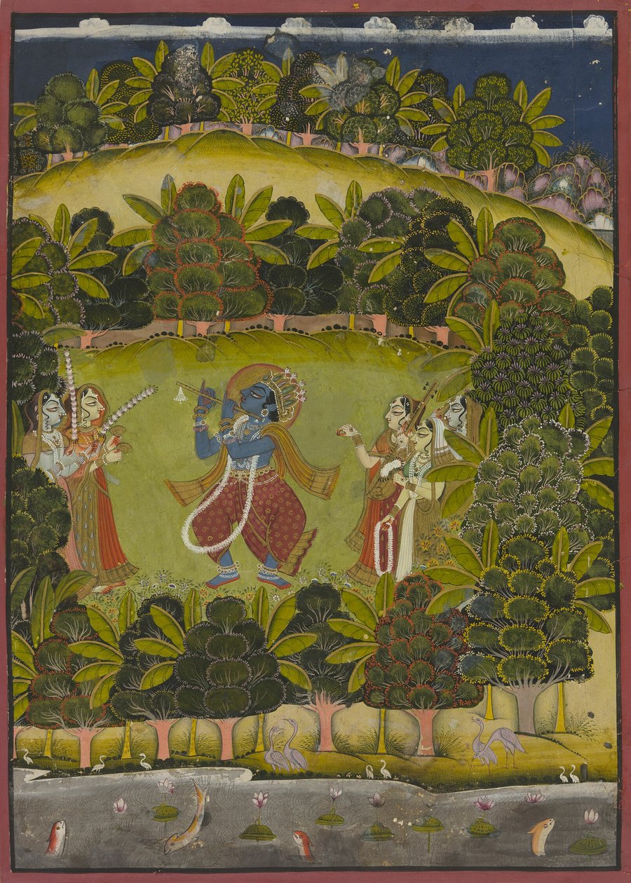 Krishna a tocar flauta para as Gopis de Unknown artist