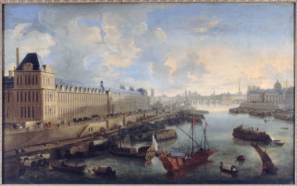 La Grande Galerie du Louvre, le Pont-Neuf, la Cité, le collège des Quatres-Nations, cerca de 1670, no Sena, a galé real, actuais 1º e 6º bairros, entre 1670 e 1685 (óleo sobre tela) de Unknown artist
