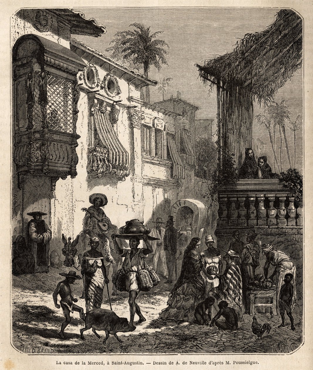 La casa de la Merced (agora Mercy Street) em Santo Agostinho, a cidade mais antiga dos Estados Unidos (Estados Unidos), fundada pelos espanhóis em 1565; rua principal da cidade, pequena e populosa, com vários animais e uma singular mistura de vários t de Unknown artist