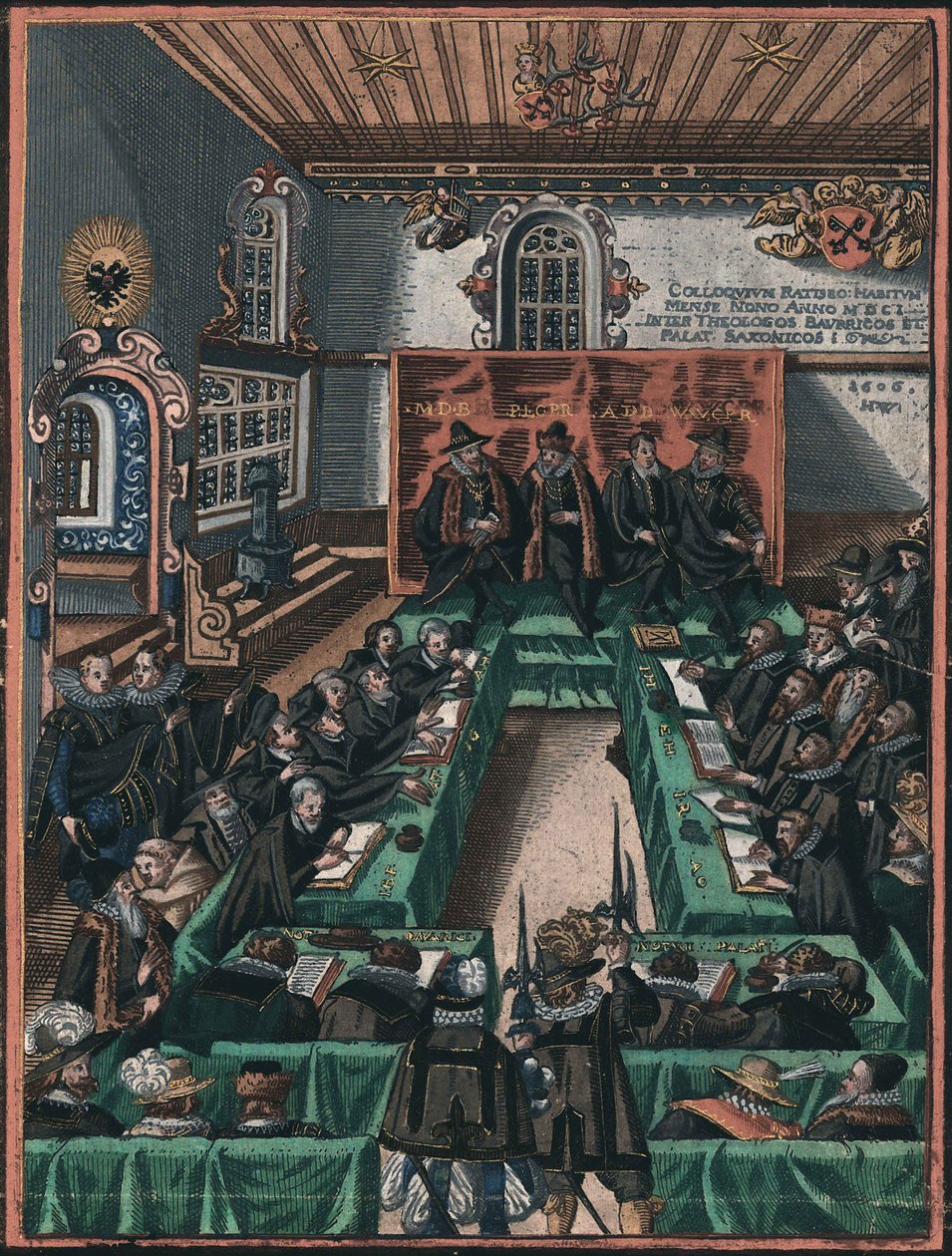 La conference religieuse de Ratisbonne en 1601 - O Colóquio Religioso de Regensburg de 1601, Anónimo . Gravura em cobre, aguarela, c. 1605. Museu Historisches der Stadt Regensburg de Unknown artist
