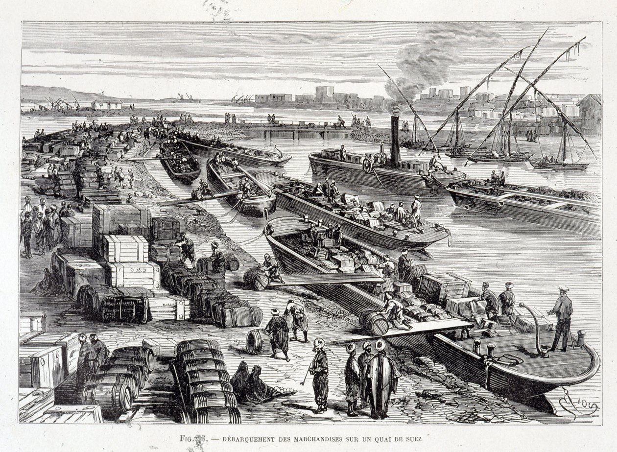 Aterragem de mercadorias numa doca no Canal do Suez de Unknown artist