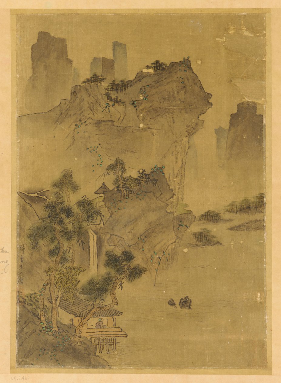 Paisagem: falésias pendendo sobre a água - pavilhão e pinheiros de Unknown artist
