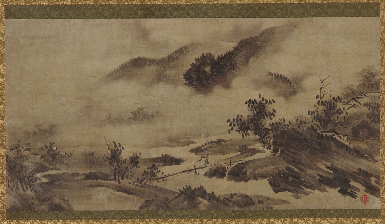 Paisagem: montanhas, névoa e riacho de Unknown artist