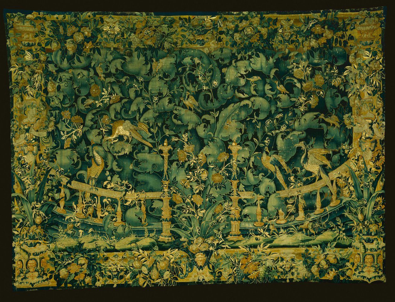 Verdura de folhas grandes com balaustrada e pássaros de Unknown artist