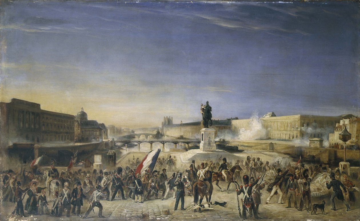 O ataque ao Louvre, a 29 de julho de 1830, vista do Pont-Neuf, em 1830 (óleo sobre tela) de Unknown artist