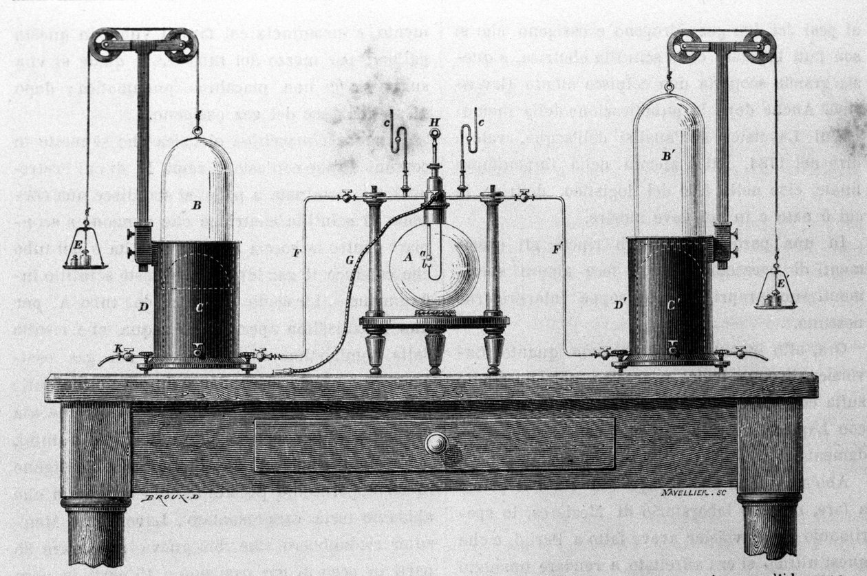 Lavoisier e Laplace aparelho para a formação de água por meio da queima de oxigênio e hidrogênio em um frasco de vidro. Gravura do século XIX. de Unknown artist
