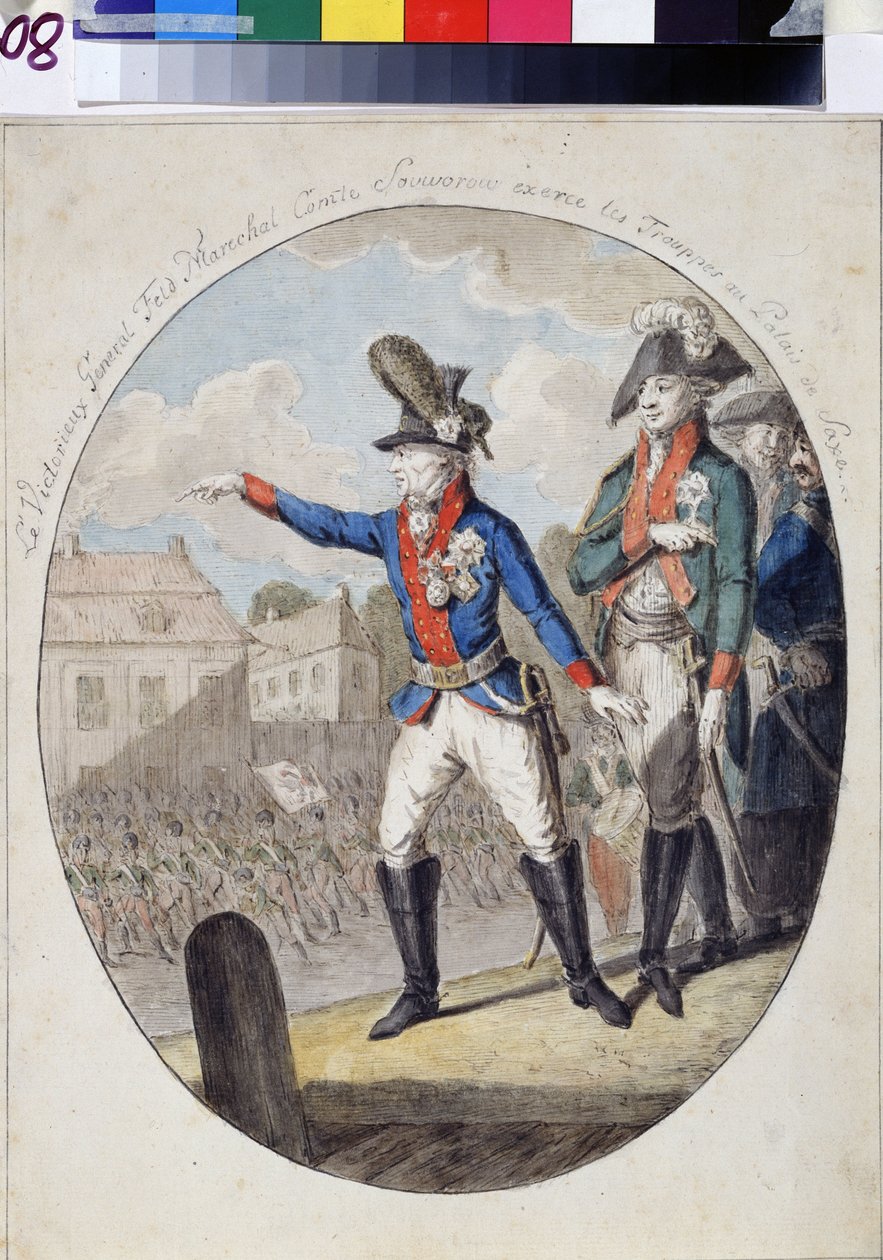 Marechal Alexander Alexander Souwaroff (Souvaroff ou Souvarov ou Alexander Souvorov) (1729-1800) inspecionando tropas antes do Eleitor do Palácio Saxão, Varsóvia, em 1794 durante a revolta de Kosciuszko. (Marechal de campo Alexandr Suvorov inspec de Unknown artist