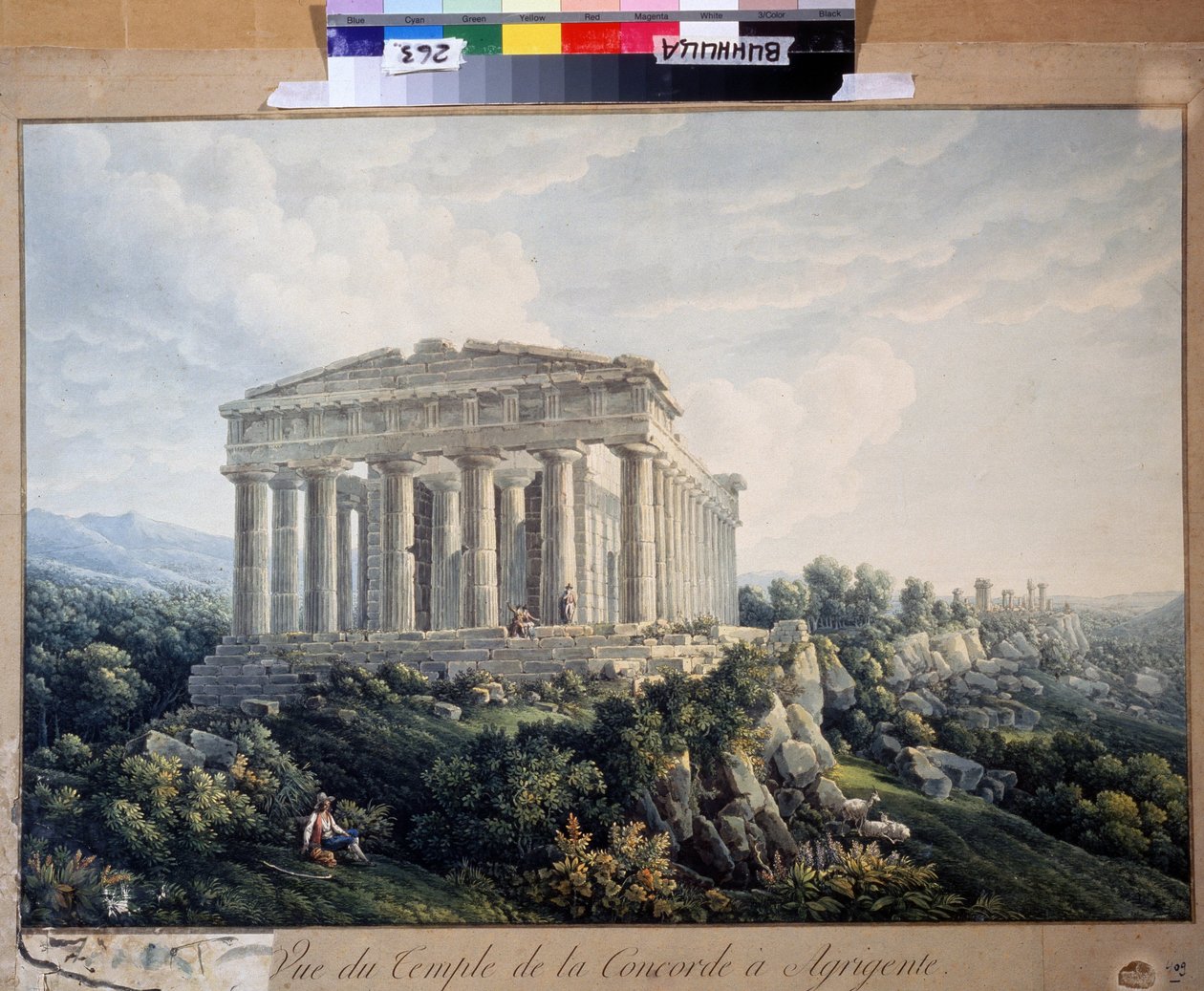 O Templo da Concórdia em Agrigento (Sicília, Itália) (O Templo da Concórdia em Agrigento). Pintura anônima. Aquarela sobre papel, 66,5 x 88 cm, início do século XIX. Paisagem, romantismo. Museu Regional de Arte, Vinnytsia (Ucrânia). de Unknown artist