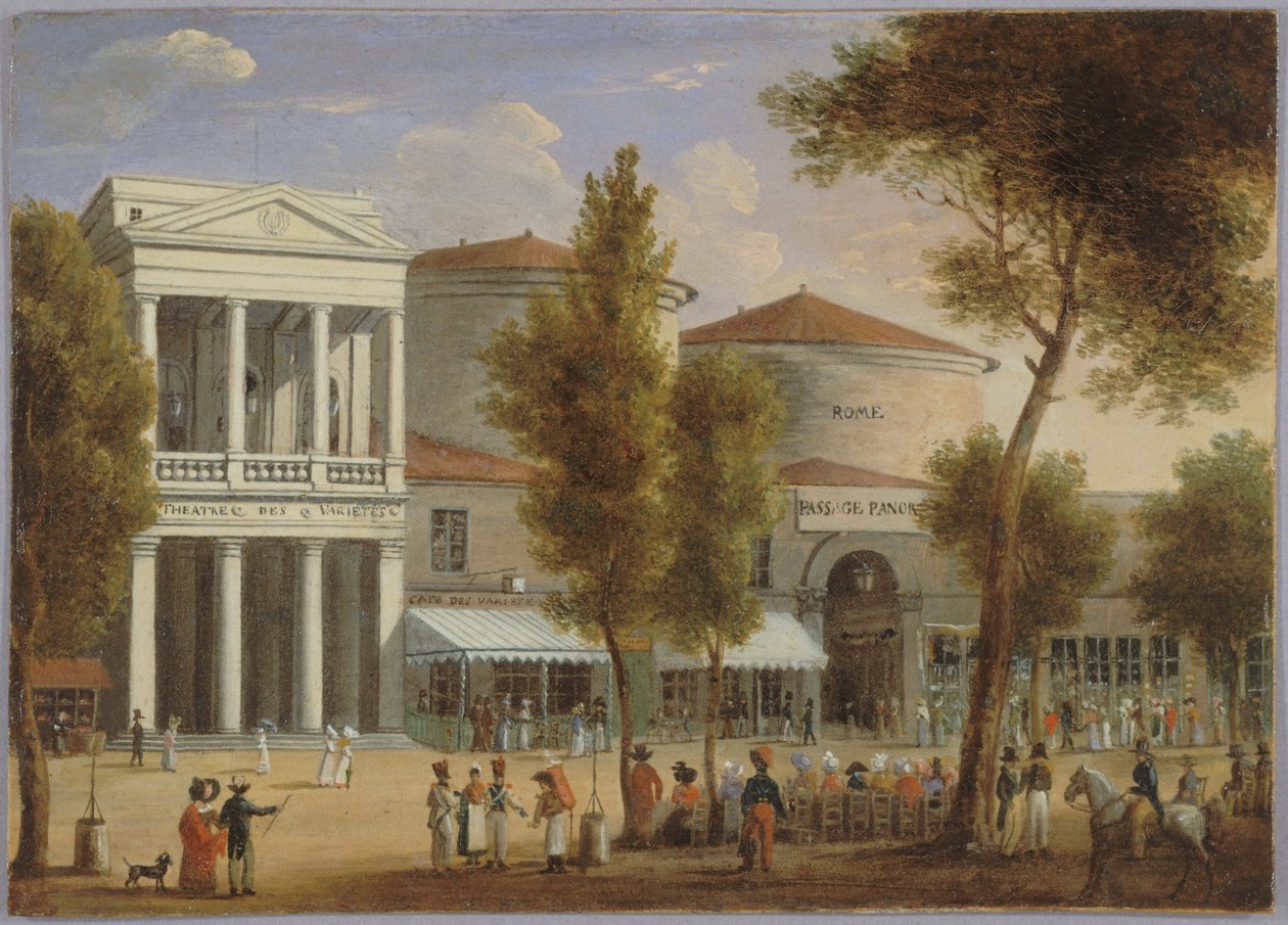 Le théâtre des Variétés et le passage des Panoramas, boulevard Montmartre, cerca de 1825, cerca de 1825 (óleo sobre cartão) de Unknown artist