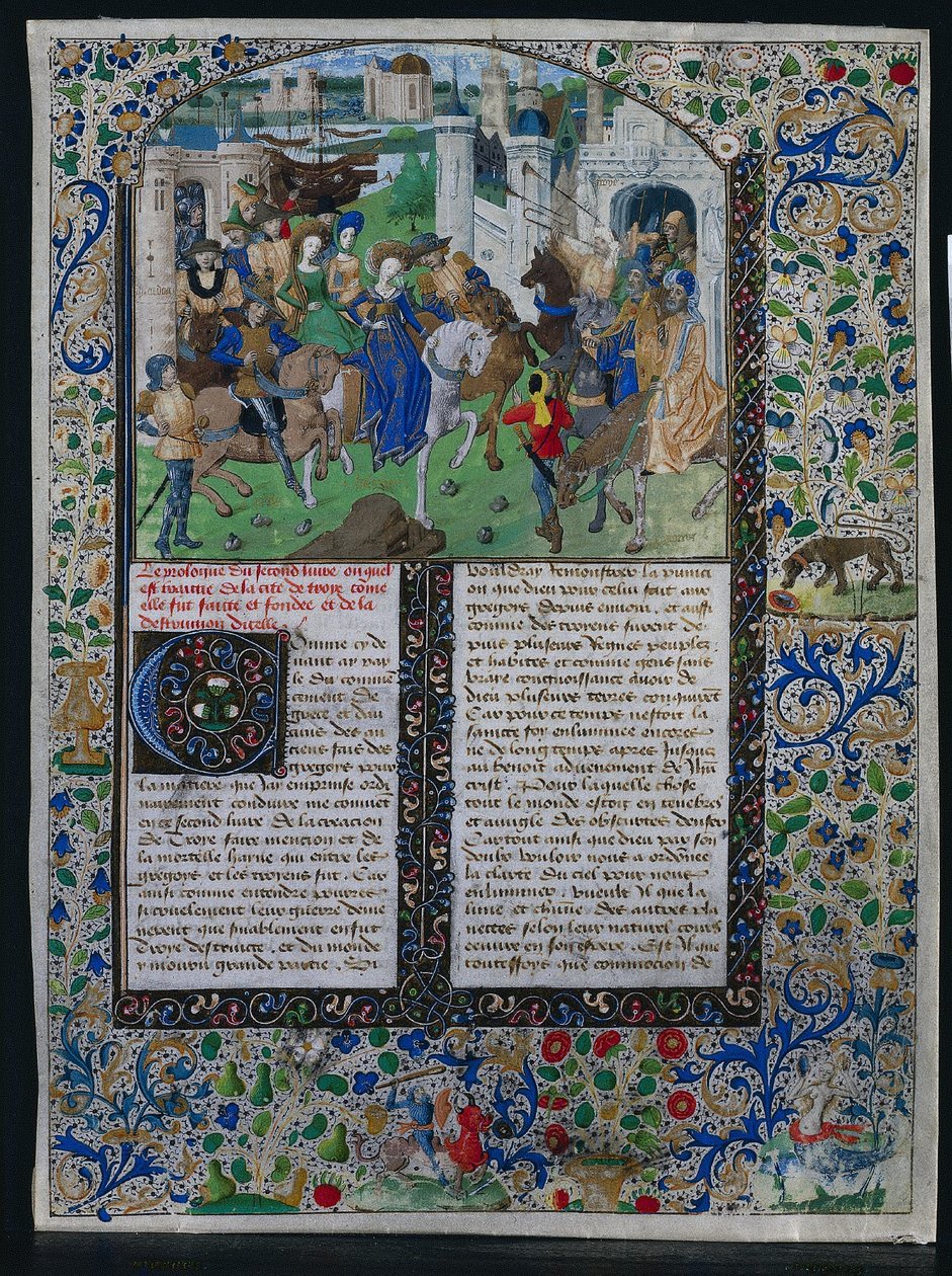 Folha de "Chronique Universelle" de Jehan de Courcy: Rei Príamo encontra Helena e Paris fora dos portões de Tróia de Unknown artist
