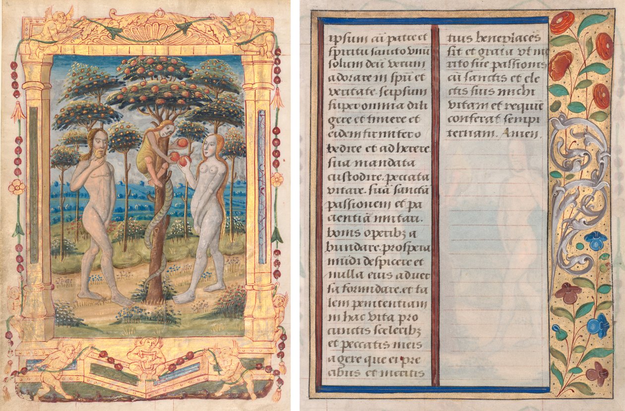 Folha de um Livro de Horas: Adão e Eva e a Queda do Homem (Miniatura Prefatória ao Ofício da Virgem) (reto) e Texto com Borda Ilustrada (verso) (1 de 3 Folhas Excisadas) de Unknown artist