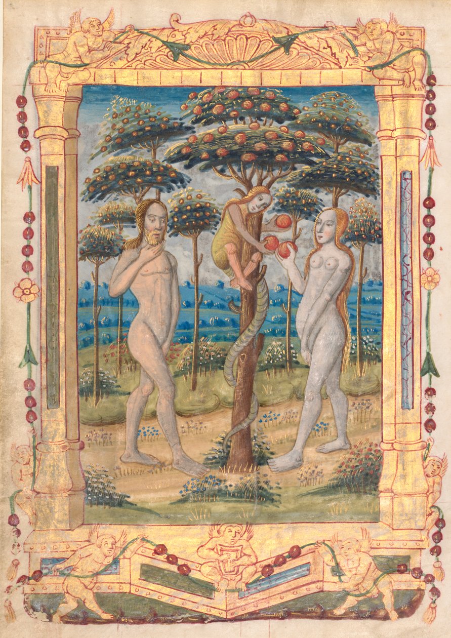Folha de um Livro de Horas: Adão e Eva e a Queda do Homem (Miniatura Prefatória ao Ofício da Virgem) (reto) de Unknown artist