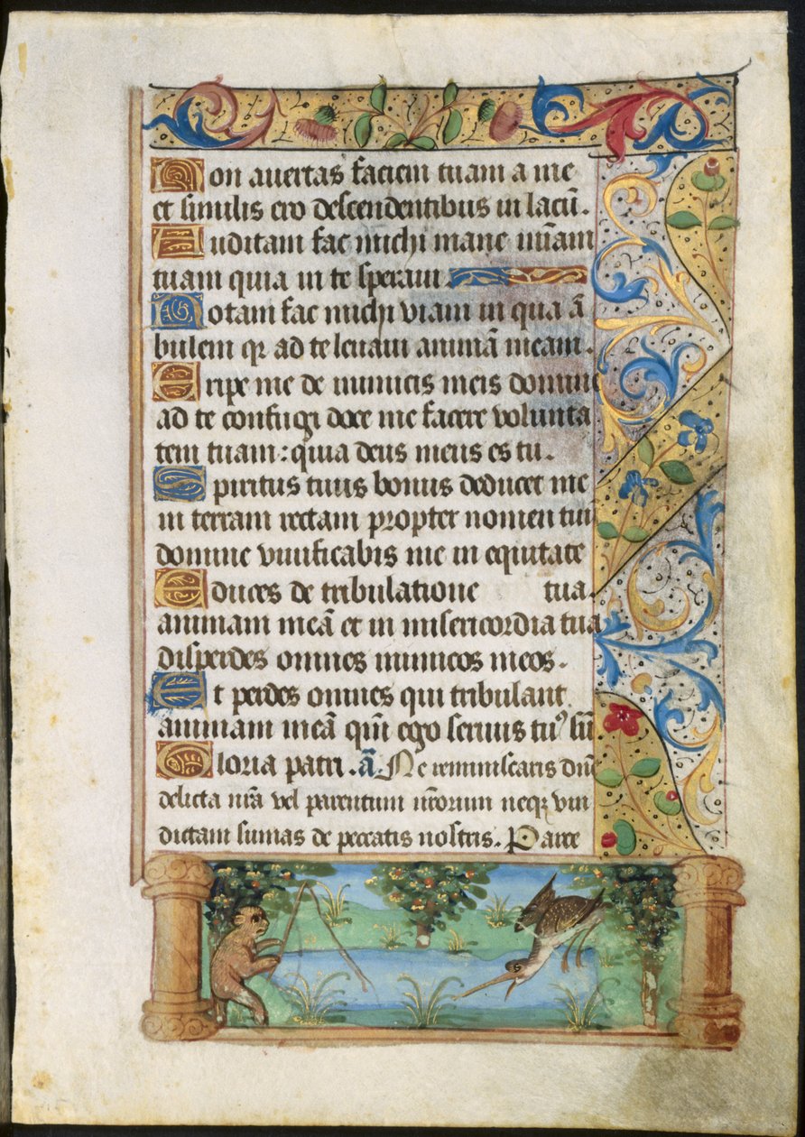 Folha de um livro de horas: Ape Fishing (verso) de Unknown artist