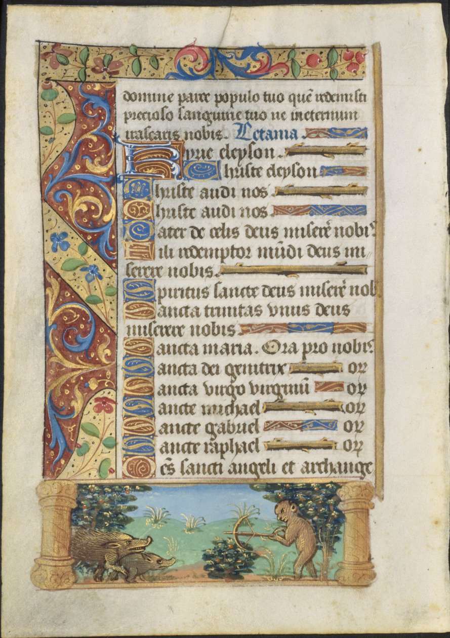 Folha de um livro de horas: Ape Hunting Wild Boars (reto) de Unknown artist