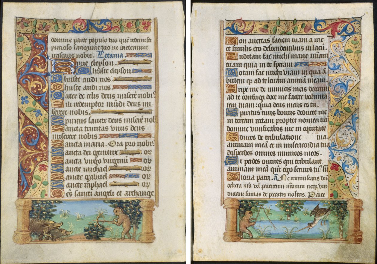 Folha de um livro de horas: Ape Hunting Wild Boars (reto) e Ape Fishing (verso) de Unknown artist