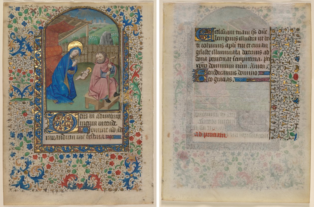 Folha de um livro de horas: A Natividade (reto) e Texto (verso) de Unknown artist