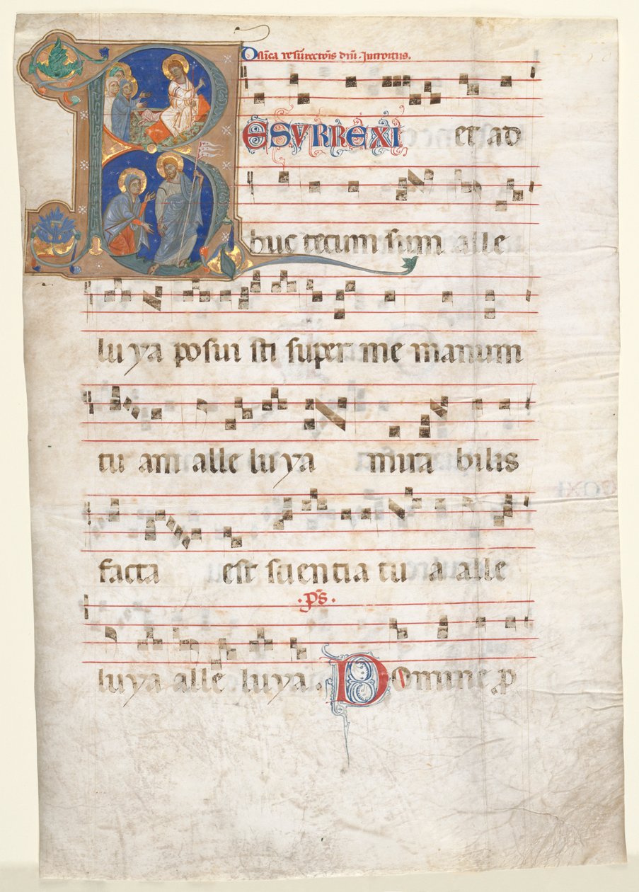 Folha de um Gradual: Inicial (R) com as Três Marias no Túmulo e "Noli me Tangere" de Unknown artist