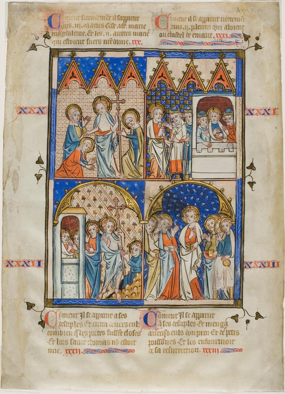 Folha de um ciclo de imagens: Cristo que aparece às três Marias, Cristo e os peregrinos de Emaús, Tomé em dúvida e Cristo que aparece aos Apóstolos de Unknown artist