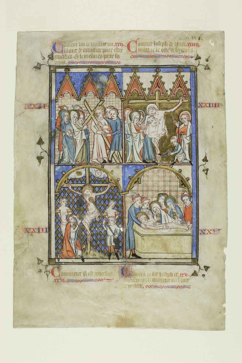 Folha de um ciclo de imagens: Cristo carregando a cruz, a crucificação, a descida da cruz e o sepultamento de Unknown artist
