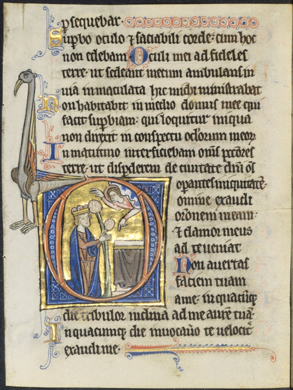 Folha de um Saltério: Inicial D: Davi em Oração diante de um Altar e Cristo em uma Nuvem (2 de 2 Folhas Excisadas) de Unknown artist