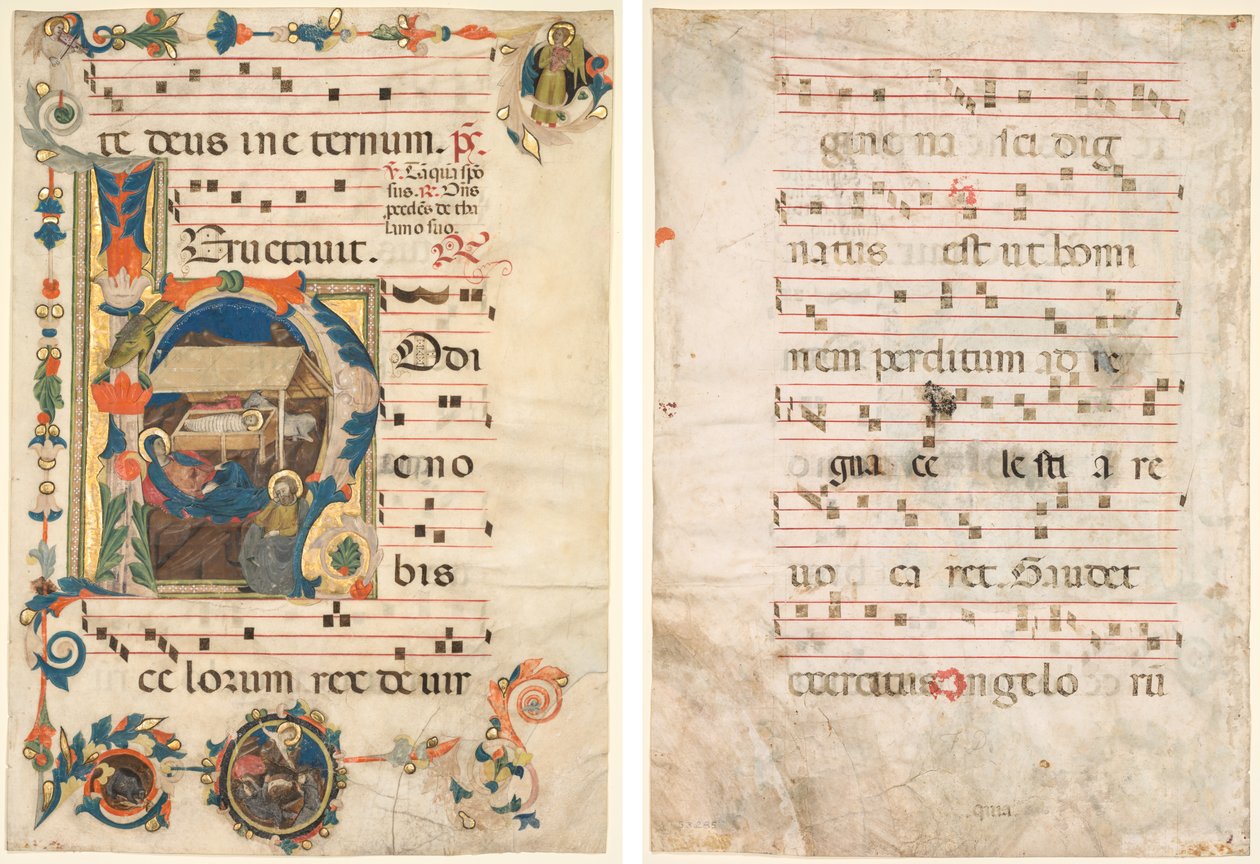 Folha de um Antifonário com Inicial Historiada (H) com O Presépio (reto) e Música (verso) de Unknown artist