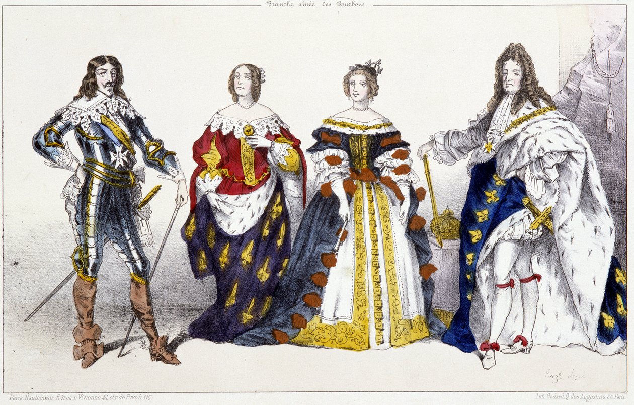 Les Bourbons: Luís XIII (1601-1643) e Ana da Áustria (1601-1666), Marie Therese da Áustria (ou Espanha) (1638-1683) e Luís XIV (1638-1715) - Placa extraída de Reis e Rainhas de França em gravuras, Paris, ed. Swift de Unknown artist