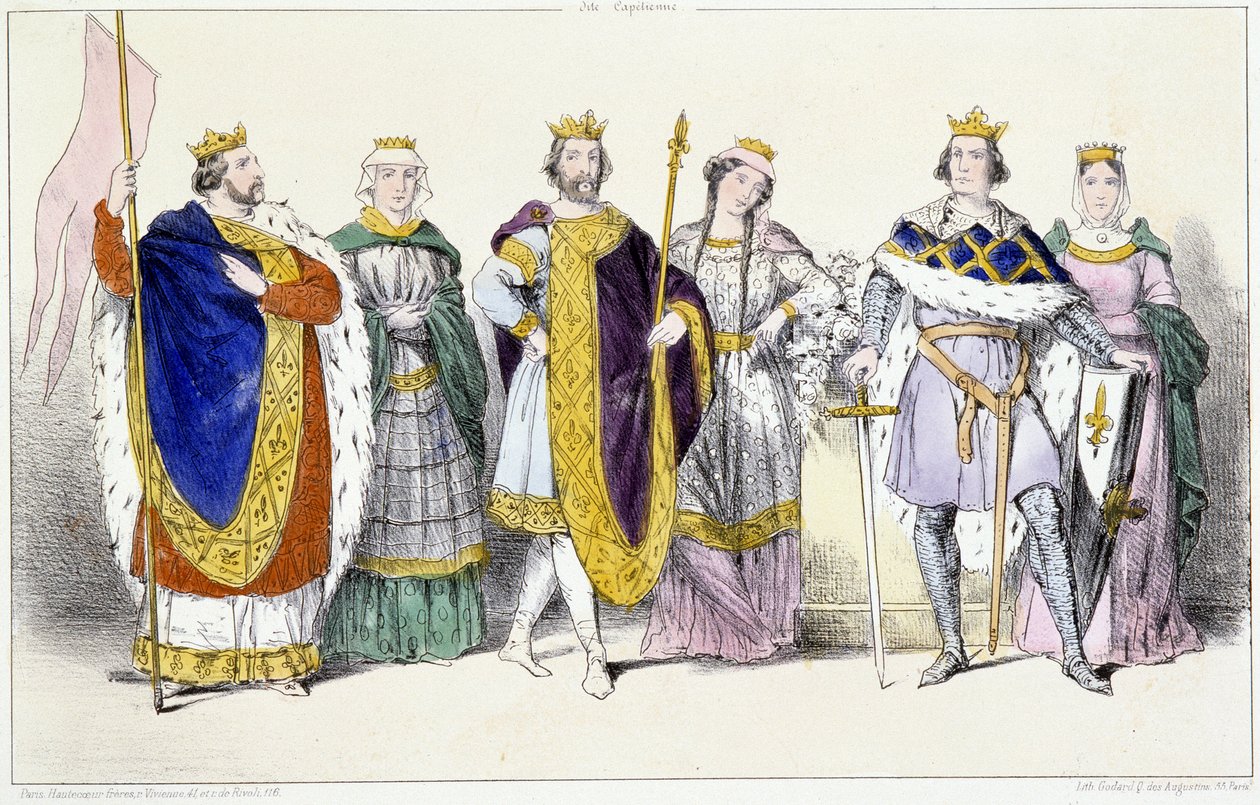 Os Capetianos: Louis VI Le Gros (1081-1137) e Adelaide of Savoy (ca. 1100-1154), Louis VII Le Jeune (1120-1180) e Adele of Champagne (ou Blois) (ca. 1140-1206), Philippe II dit Philippe Auguste (1165-1223) e Isabelle de Hainaut (1170-1190) - Plate en de Unknown artist