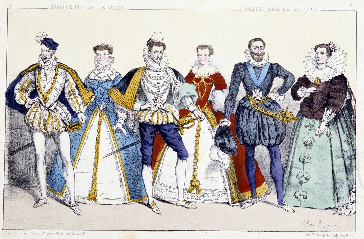 Les Valois et les Bourbons: Carlos IX (1550-1574) e Elisabeth da Áustria (1554-1592), Henrique III (1551-1589) e Louise de Lorraine Vaudemont (1553-1601), Henri IV (1553-1610) e Marie de Medicis (1575-1642) - Planta extraída de Reis e Rainhas do P. D. Javi de Unknown artist