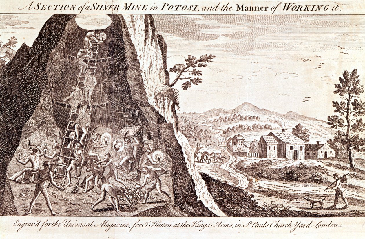 Minas de prata em Potosi, Bolívia. Gravura do século XIX. de Unknown artist
