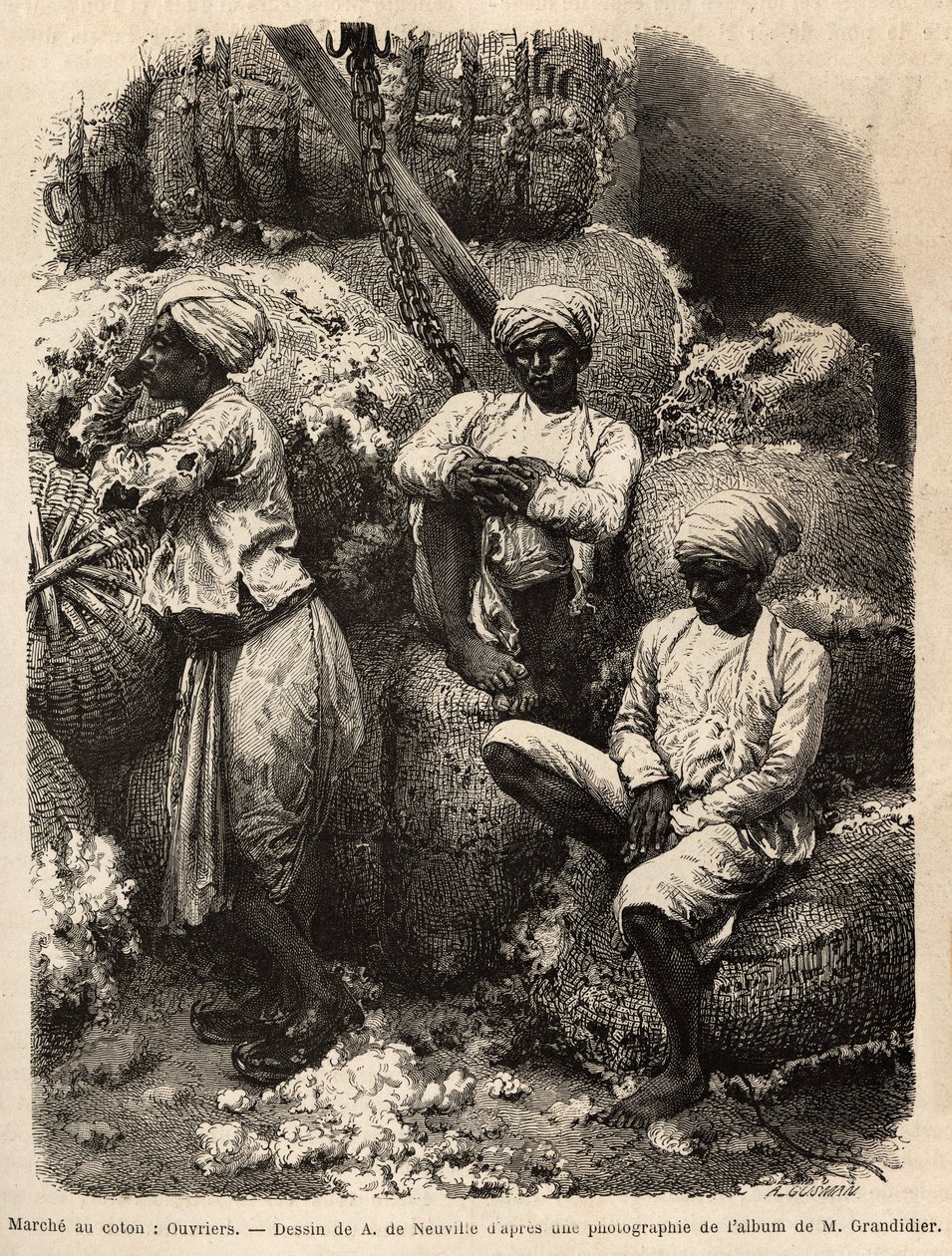 Os trabalhadores Parsi em repouso, no mercado do algodão de Bombaim. Gravura para ilustrar a viagem nas províncias do sul da Índia, de Alfred Grandidier, em 1862-1864, publicada em "Le tour du monde" 1869, editada por Edouard Charton, edição Hachet de Unknown artist