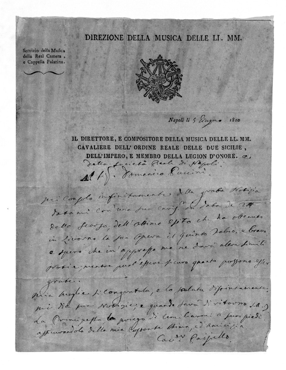 Carta de Giovanni Paisiello (ou Paesiello ou Paesieillo) (1740-1816), compositor italiano para Domenico Puccini, avô de Giacomo Puccini. 1810. Museo teatrale della Scala de Milão. de Unknown artist