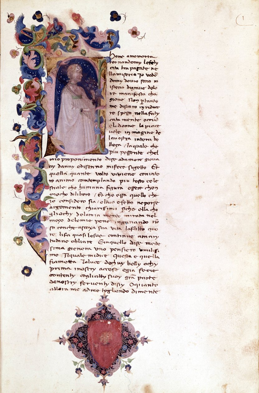 Linha de letra "a" numa página em miniatura do incipito de "Teseide". Giovanni Boccacio (Boccacio) (1313 - 1375). Manuscrito do século XV. Trivulziana Milan. de Unknown artist