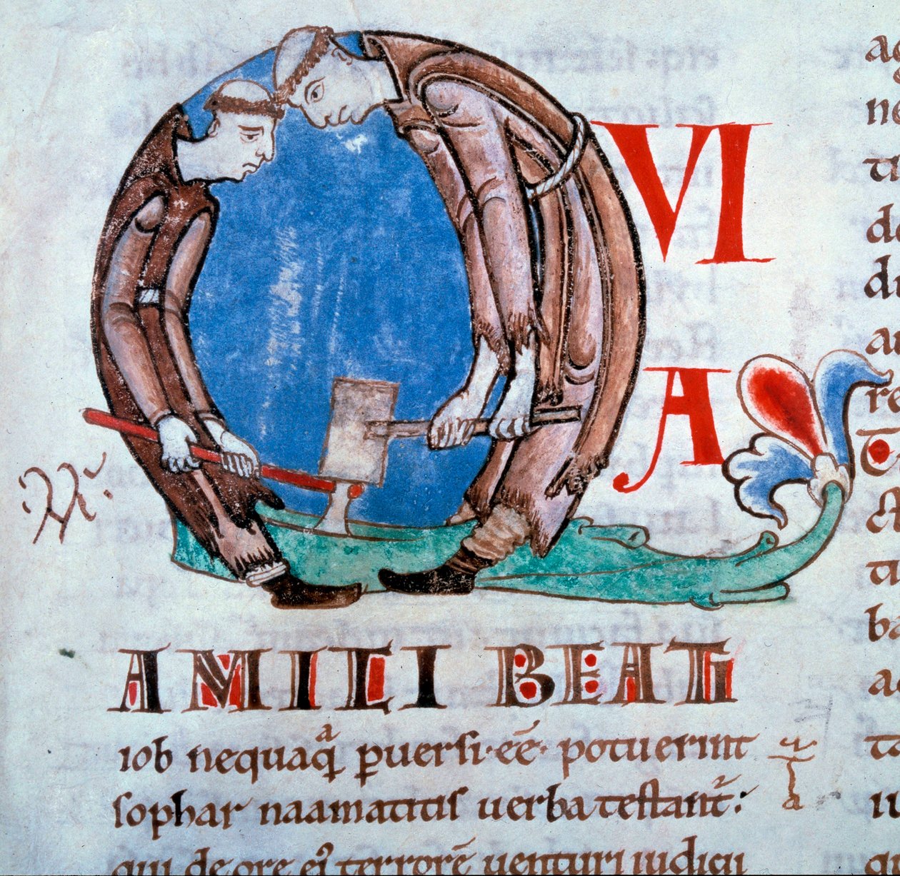 Lettrina Q" representando os monges deflagradores (monges lenhadores)" Miniatura tirada da "Moralia em Jó" (ou Comentários do Livro de Jó) de São Gregoire I disse o Grande ou o Diálogo (532-604), Folio 59 do Volume III, início do século XII de Unknown artist