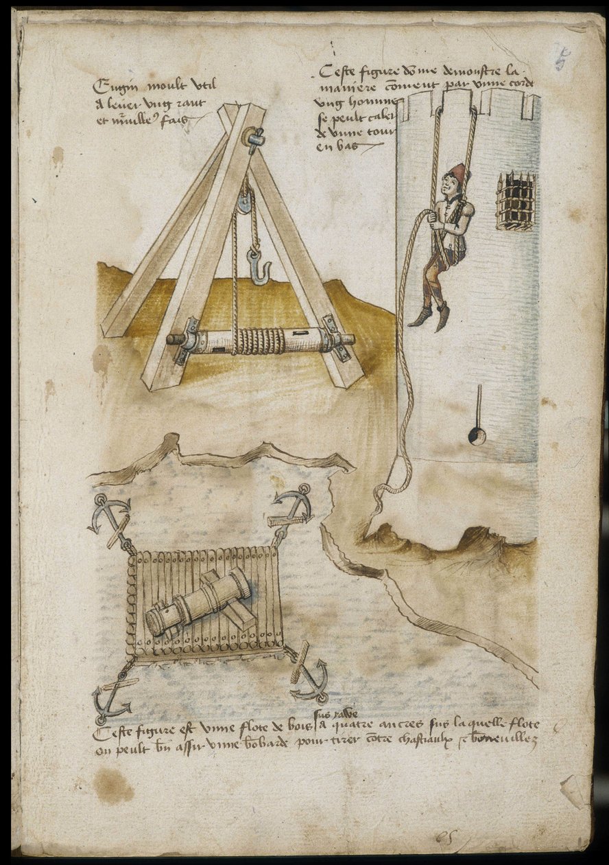 Máquina e sistema de alavanca para subir uma torre usando uma corda - Manuscrito: folha de pergaminho de um manual de engenheiro para a construção de edifícios civis, religiosos e militares, anônimo, final do século XV (figura em tinta chinesa) de Unknown artist