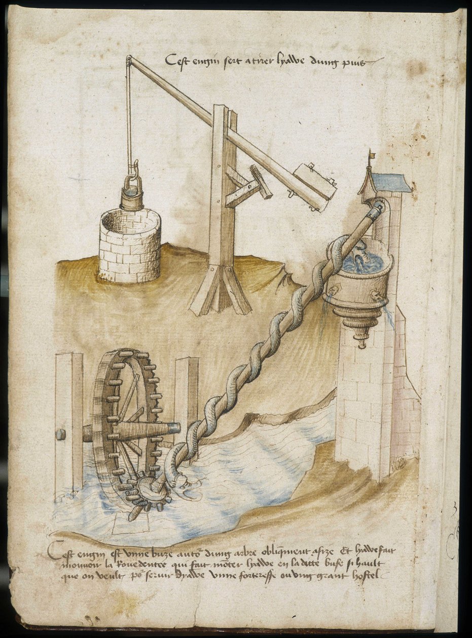 Sistemas de alavanca para poços e abastecimento de água por roda de parafuso - Manuscrito: folha de pergaminho de um manual de engenharia para a construção de edifícios civis, religiosos e militares, anônimo, final do século XV (figura na tinta da China) de Unknown artist