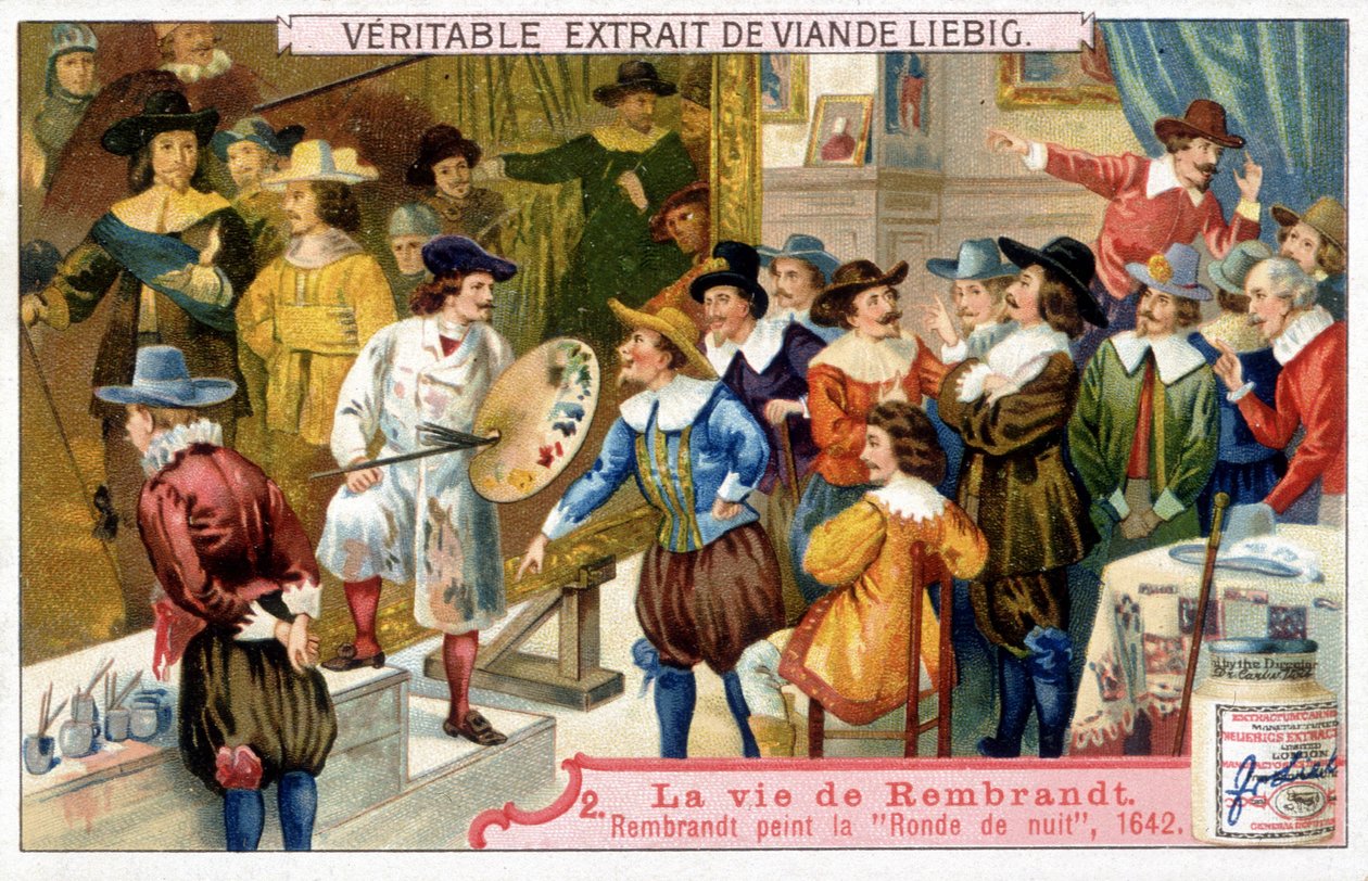 Liebig chromolithography on the life of Rembrandt (1606 - 1669), pintor holandês, aqui na noite de 1642. de Unknown artist