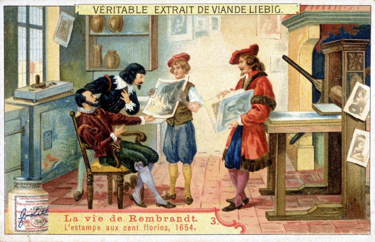Cromolitografia de Liebig sobre a vida de Rembrandt (1606 - 1669) Pintor holandês. Esta é a impressão de 100 florins em 1654. de Unknown artist