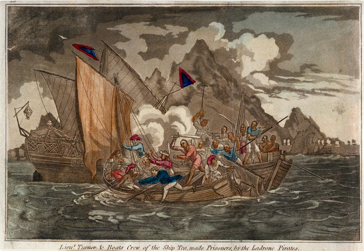 Tenente Turner e tripulação do navio "Tea", feitos prisioneiros pelos piratas de Ladrone, c.1800 (água-tinta colorida) de Unknown artist