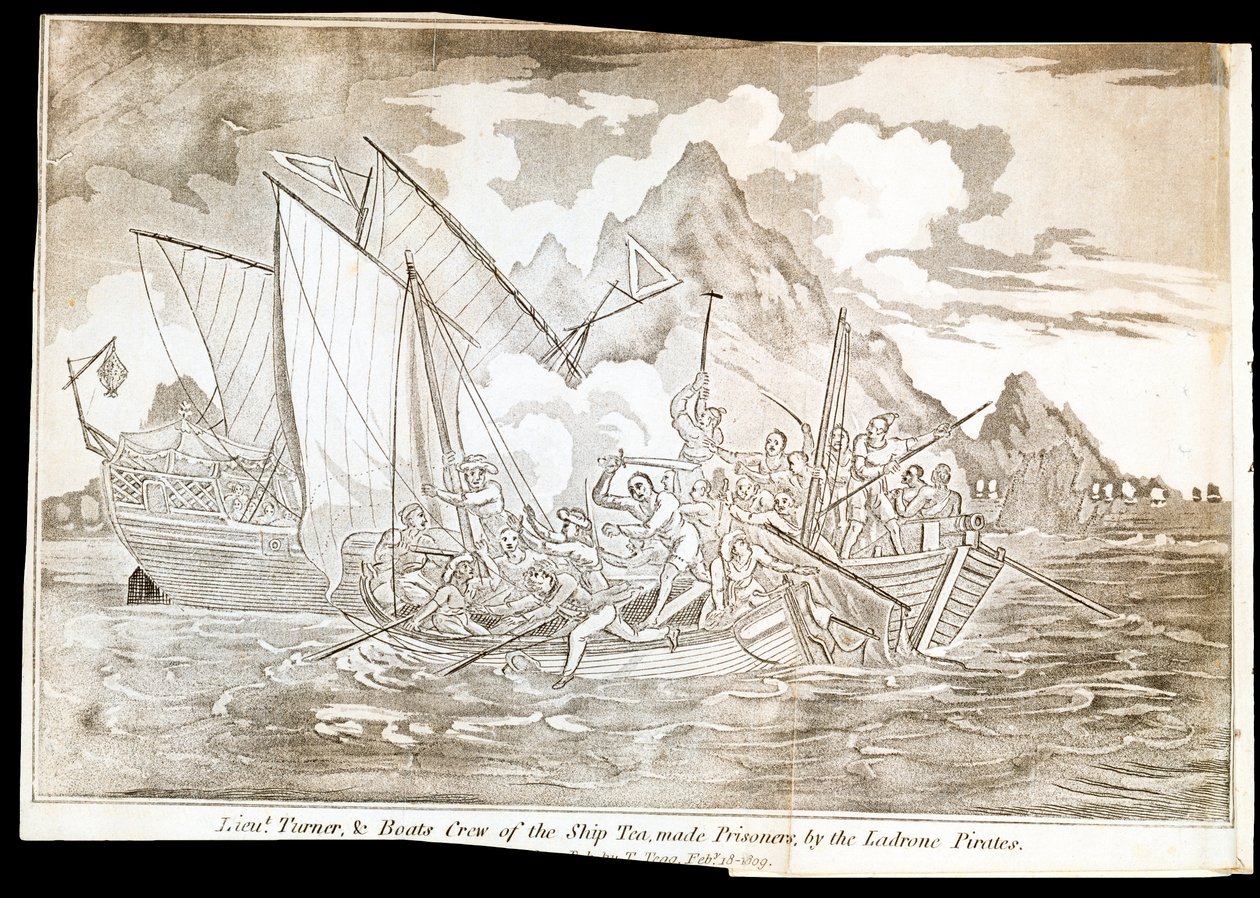 Tenente Turner, e tripulação do navio Tea, feitos prisioneiros pelos piratas de Ladrone (impressão) de Unknown artist
