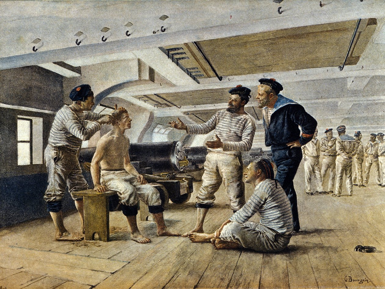 A vida a bordo de um navio de guerra francês: o barbeiro barbeia os marinheiros, c.1800 de Unknown artist
