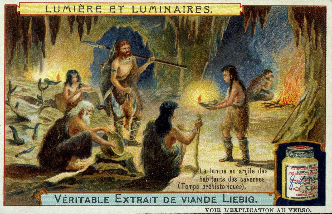 Luz e luminárias: a lâmpada de barro dos habitantes das cavernas durante os tempos pré-históricos. Ilustração em Liebig emballeges. de Unknown artist