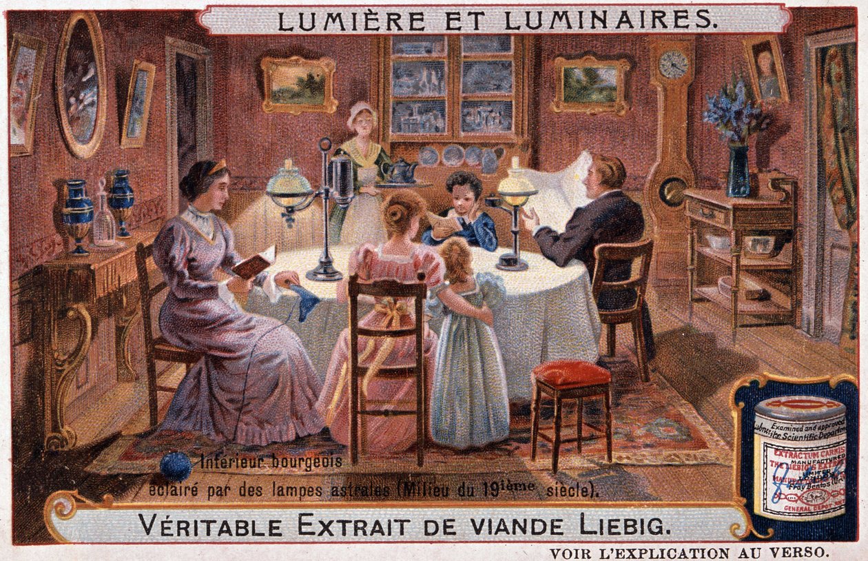 Luzes e luminárias, interior burguês iluminado por lâmpadas astrais - chromo. Liebig v. 1895 de Unknown artist
