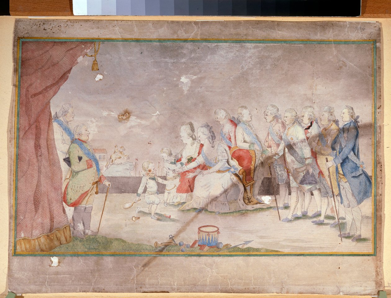 Imperatriz Catarina II com sua família e cortesãos (Imperatriz Catarina II com sua família e cortesãos) - Trabalho anônimo, aquarela e tinta sobre papel, final de 1780 de Unknown artist