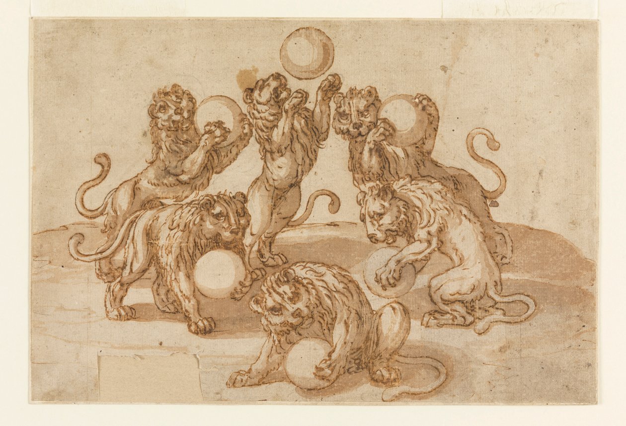 Leões fazendo malabarismo com as bolas dos Medici de Unknown artist
