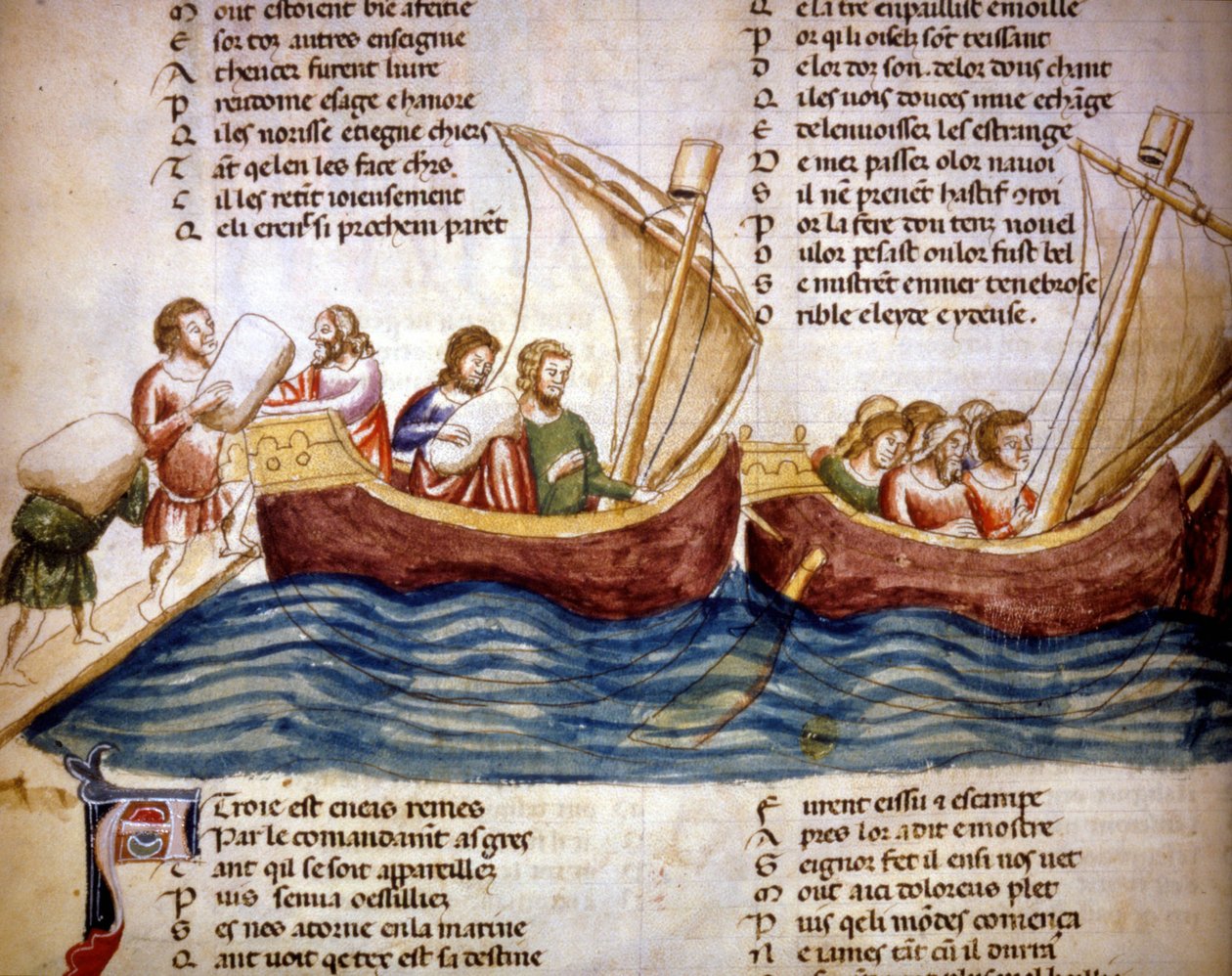 Carregando carga a bordo, no final do século XIII. Miniatura do "Roman de Troy" de Benoit de Saint Maure. Século XIV Biblioteca Marciana, Veneza de Unknown artist