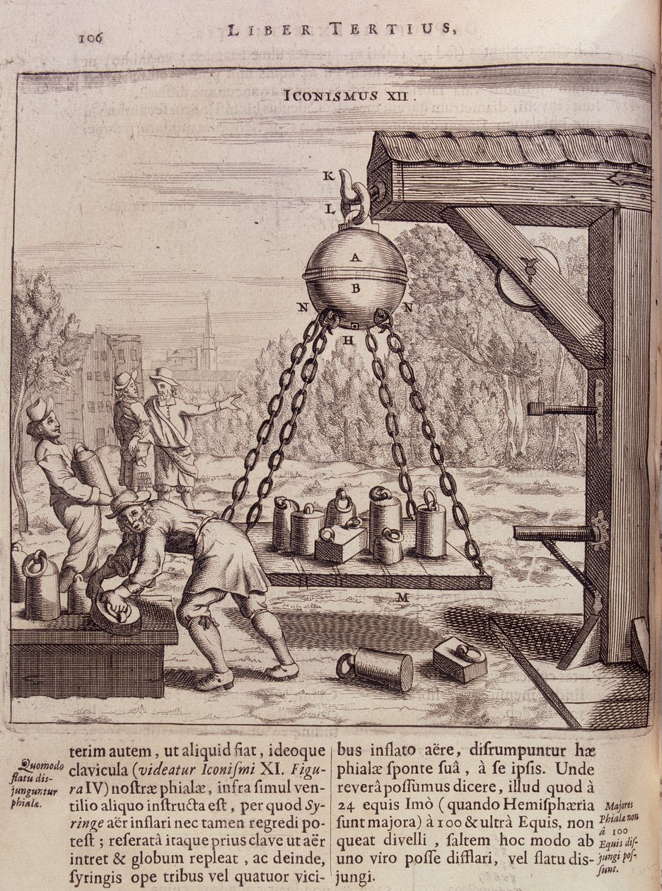 Carregando hemisférios Magdeburg suspensos - em "Ottonis de Guericke": Experimenta Nova Magdeburgica de vacuo spatio" de Otto von Guericke (Otto de Guericke de Unknown artist