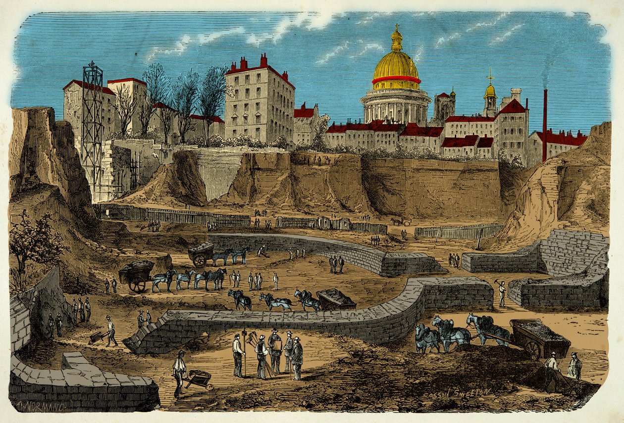 Localização do circo Gallo Romain, do século II a.C., descoberto em 1870 durante a perfuração da rue Monge em Paris, gravura do século XIX. de Unknown artist