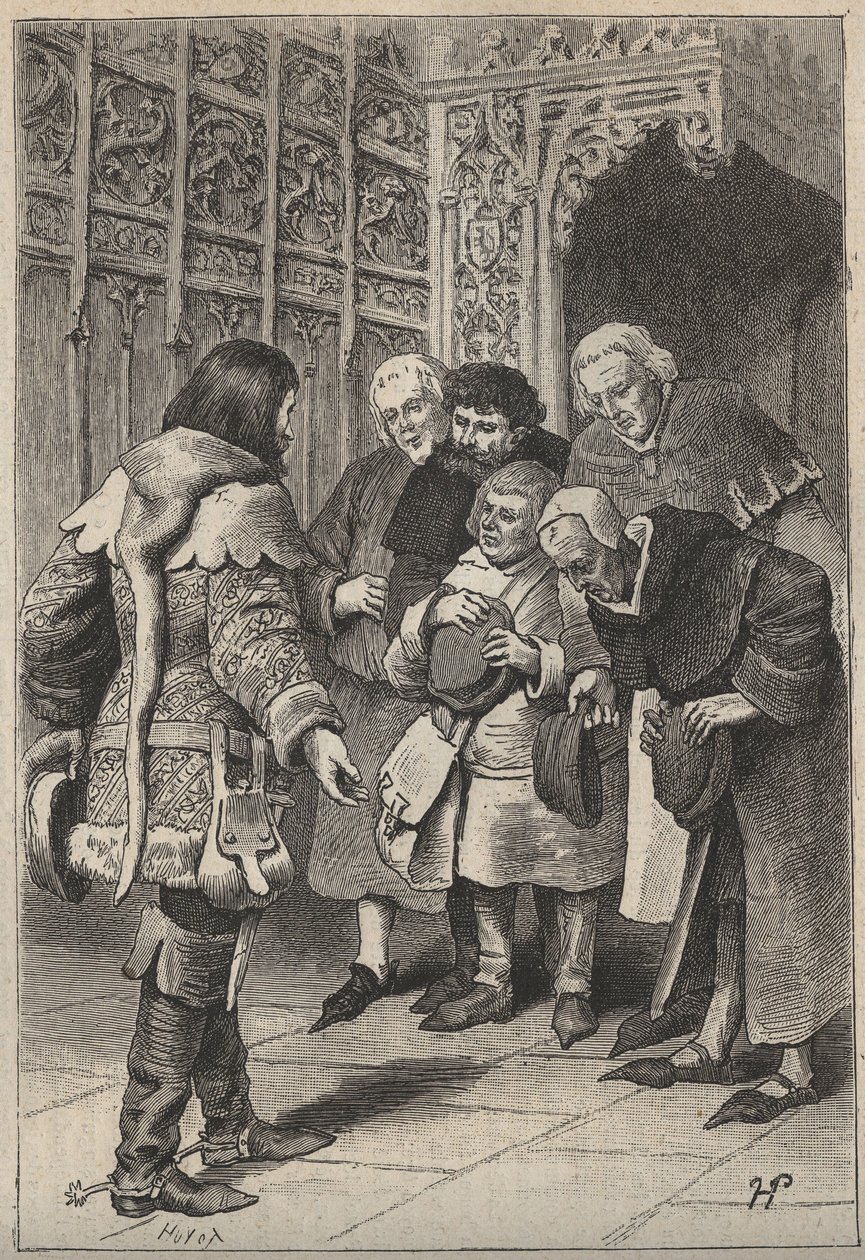 Lord Patrice Charteris e os burgueses de Perth - ilustração do romance histórico "The Pretty Girl of Perth" ou Dia dos Namorados (Dia de São Valentim; ou, The Fair Maid of Perth) de Walter Scott (1771-1832) de Unknown artist